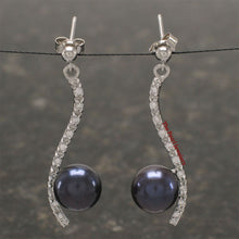 Load image into Gallery viewer, Sterling Silver Black Pearl &amp; CZ Dangle Stud Earrings