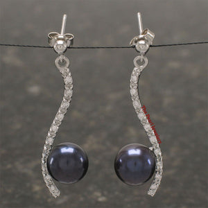 Sterling Silver Black Pearl & CZ Dangle Stud Earrings