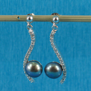 Sterling Silver Black Pearl & CZ Dangle Stud Earrings