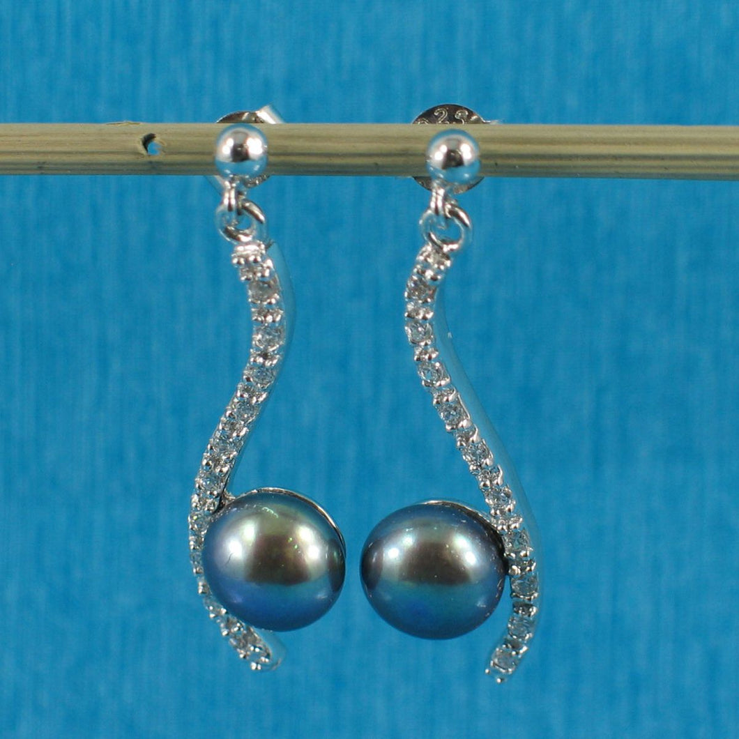 Sterling Silver Black Pearl & CZ Dangle Stud Earrings