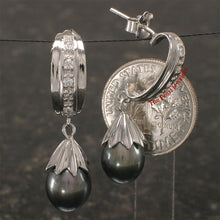 Load image into Gallery viewer, Sterling Silver Black Pearl &amp; CZ Dangle Studs