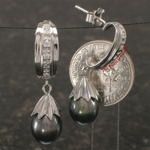 Sterling Silver Black Pearl & CZ Dangle Studs
