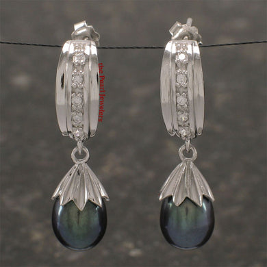 Sterling Silver Black Pearl & CZ Dangle Studs