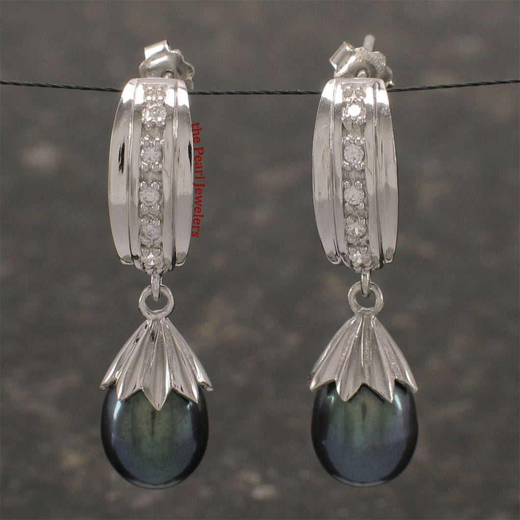 Sterling Silver Black Pearl & CZ Dangle Studs
