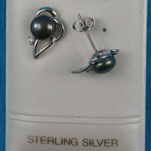Load image into Gallery viewer, Sterling Silver Black Pearl &amp; CZ Stud Earrings