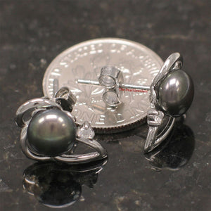 Sterling Silver Black Pearl & CZ Stud Earrings