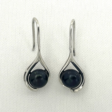 Sterling Silver Black Pearl Wave Hook Earrings