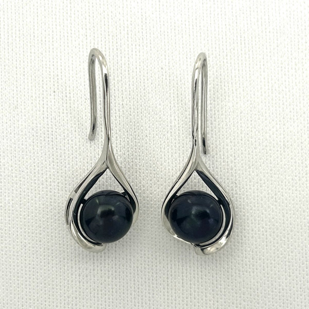 Sterling Silver Black Pearl Wave Hook Earrings