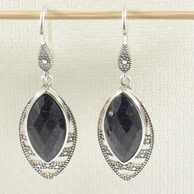 Sterling Silver Blue Sandstone Marquise Hook Earrings