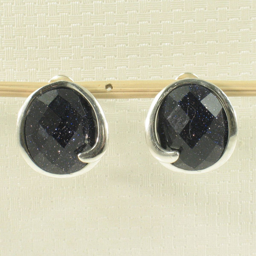 Sterling Silver Blue Sandstone Oval Omega Back Earrings