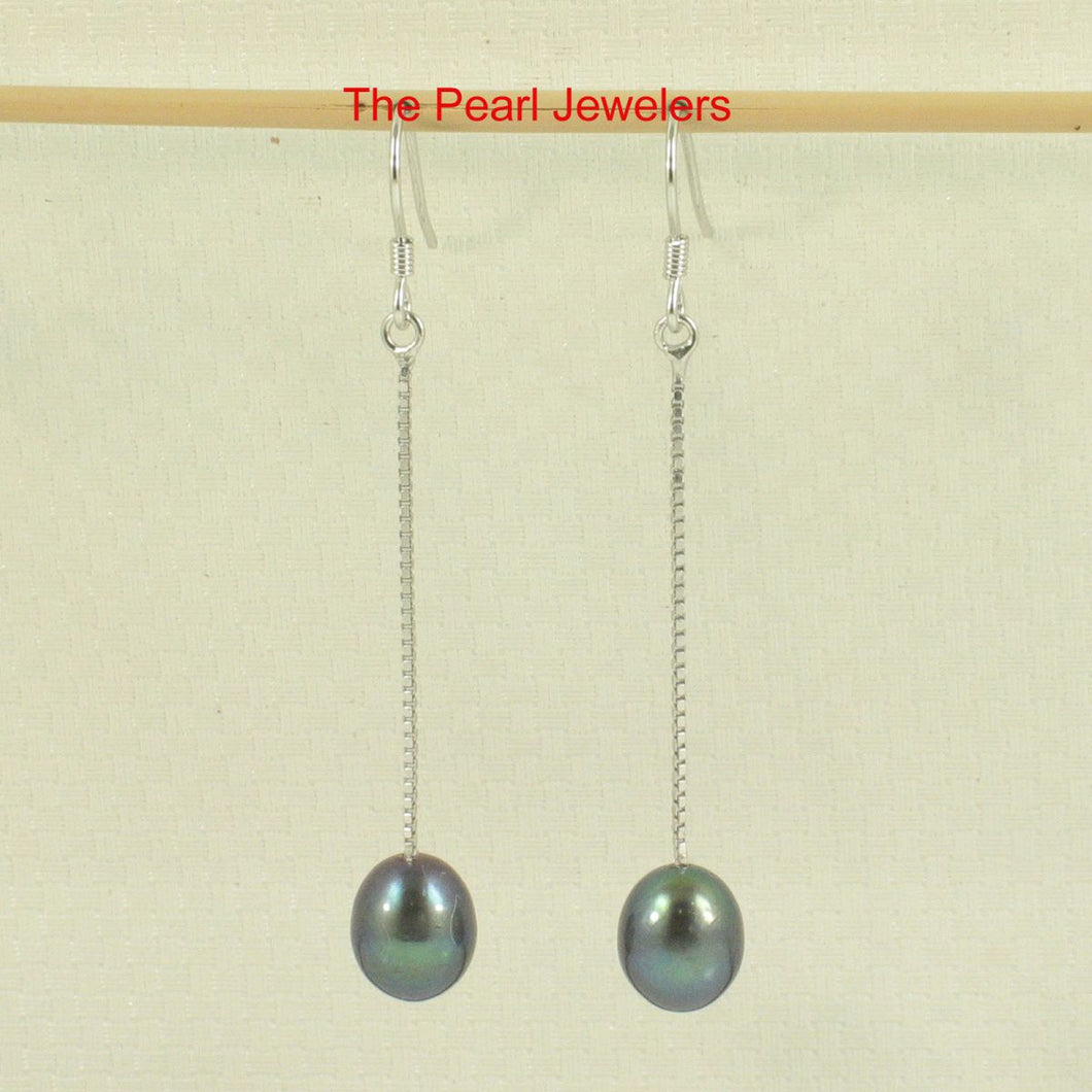 Sterling Silver Box Chain Black Pearl Earrings