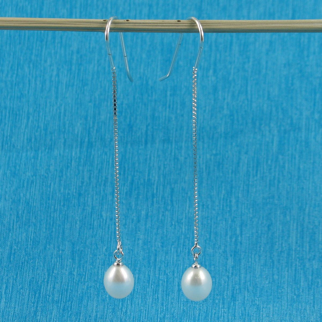 Sterling Silver Box Chain Hook White Pearl Dangle Earrings
