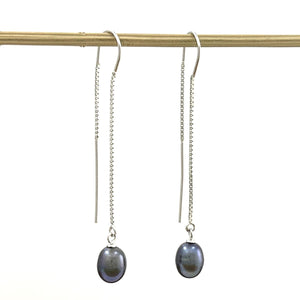 Sterling Silver Box Chain Pearl Threader Earrings (Multiple Colors)