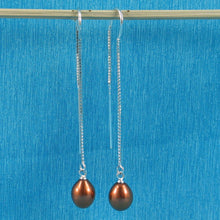 Load image into Gallery viewer, Sterling Silver Box Chain Threader Chocolate Pearl Earrings