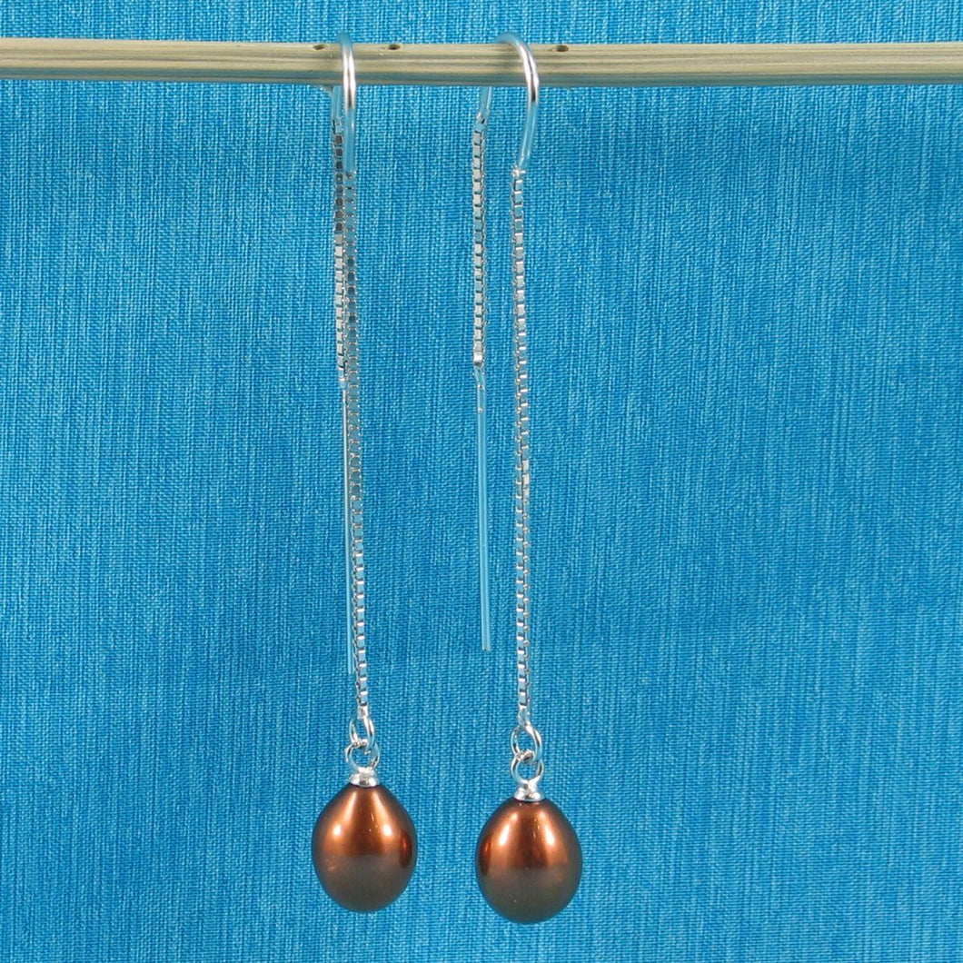 Sterling Silver Box Chain Threader Chocolate Pearl Earrings