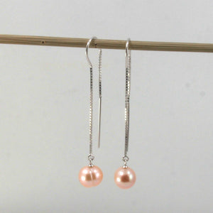 Sterling Silver Box Chain Threader Pink Pearl Earrings
