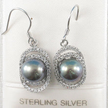 Load image into Gallery viewer, Sterling Silver Black Pearl 54 CZ Hook Earrings