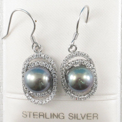 Sterling Silver Black Pearl 54 CZ Hook Earrings