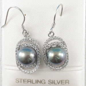 Sterling Silver Black Pearl 54 CZ Hook Earrings