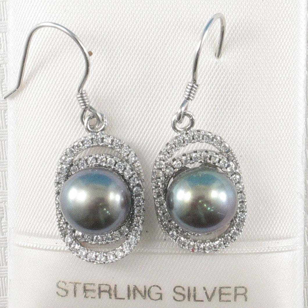 Sterling Silver Black Pearl 54 CZ Hook Earrings