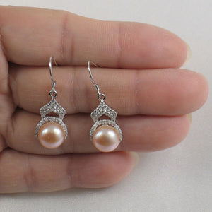 Sterling Silver Pink Pearl CZ Drop Hook Earrings