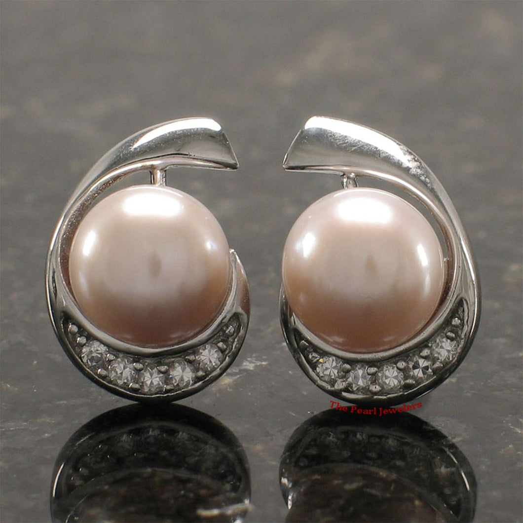 Sterling Silver Pink Pearl & CZ Stud Earrings (Large Size)