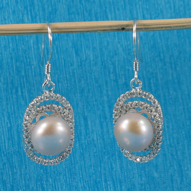 Sterling Silver Pink Pearl CZ Hook Earrings (54 CZ)