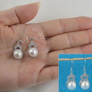 Sterling Silver White Pearl CZ Drop Hook Earrings