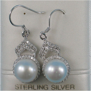 Sterling Silver White Pearl CZ Drop Hook Earrings