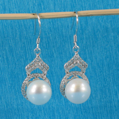 Sterling Silver White Pearl CZ Drop Hook Earrings