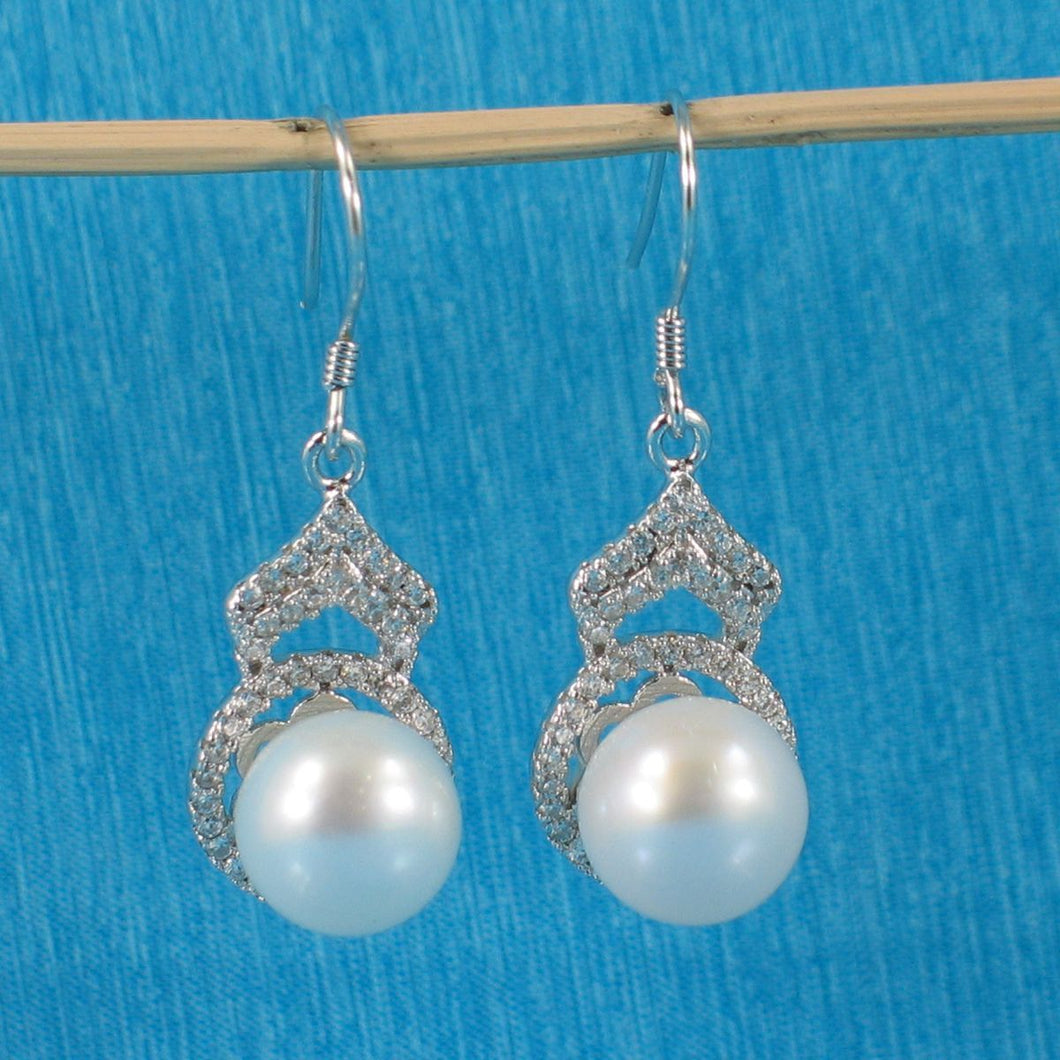 Sterling Silver White Pearl CZ Drop Hook Earrings
