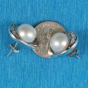 Sterling Silver White Pearl & CZ Stud Earrings