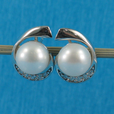 Sterling Silver White Pearl & CZ Stud Earrings