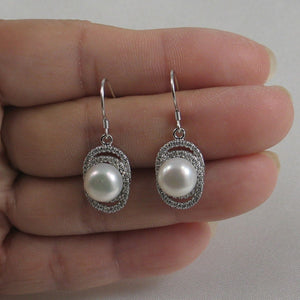 Sterling Silver White Pearl 54 CZ Hook Earrings
