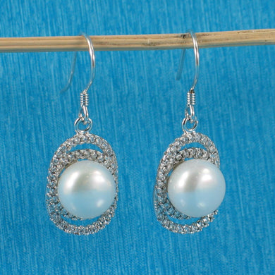 Sterling Silver White Pearl 54 CZ Hook Earrings