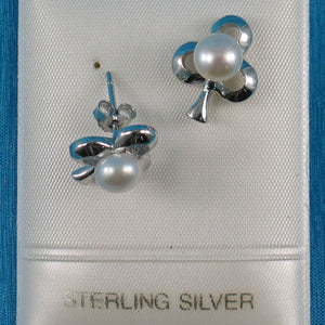 .925 Sterling Silver Clover Stud Earrings with White Pearl