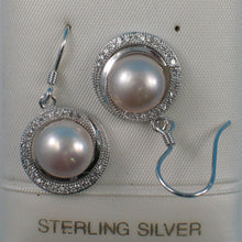 Load image into Gallery viewer, Sterling Silver Pink Pearl 48 CZ Hook Earrings