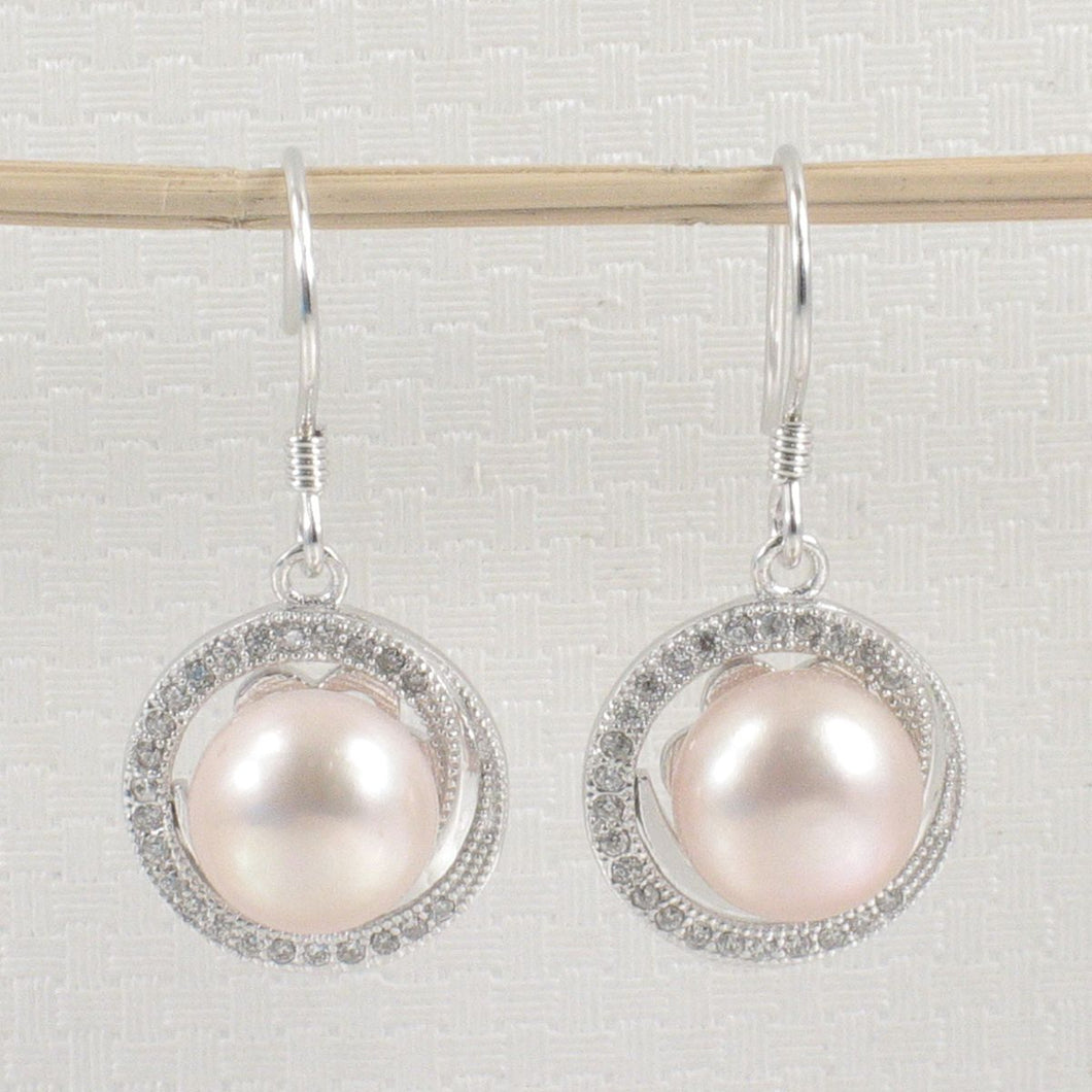 Sterling Silver Pink Pearl 48 CZ Hook Earrings