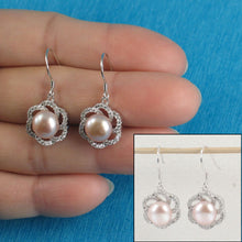 Load image into Gallery viewer, Sterling Silver Pink Pearl 72 CZ Hook Earrings