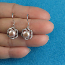 Load image into Gallery viewer, Sterling Silver Pink Pearl 72 CZ Hook Earrings