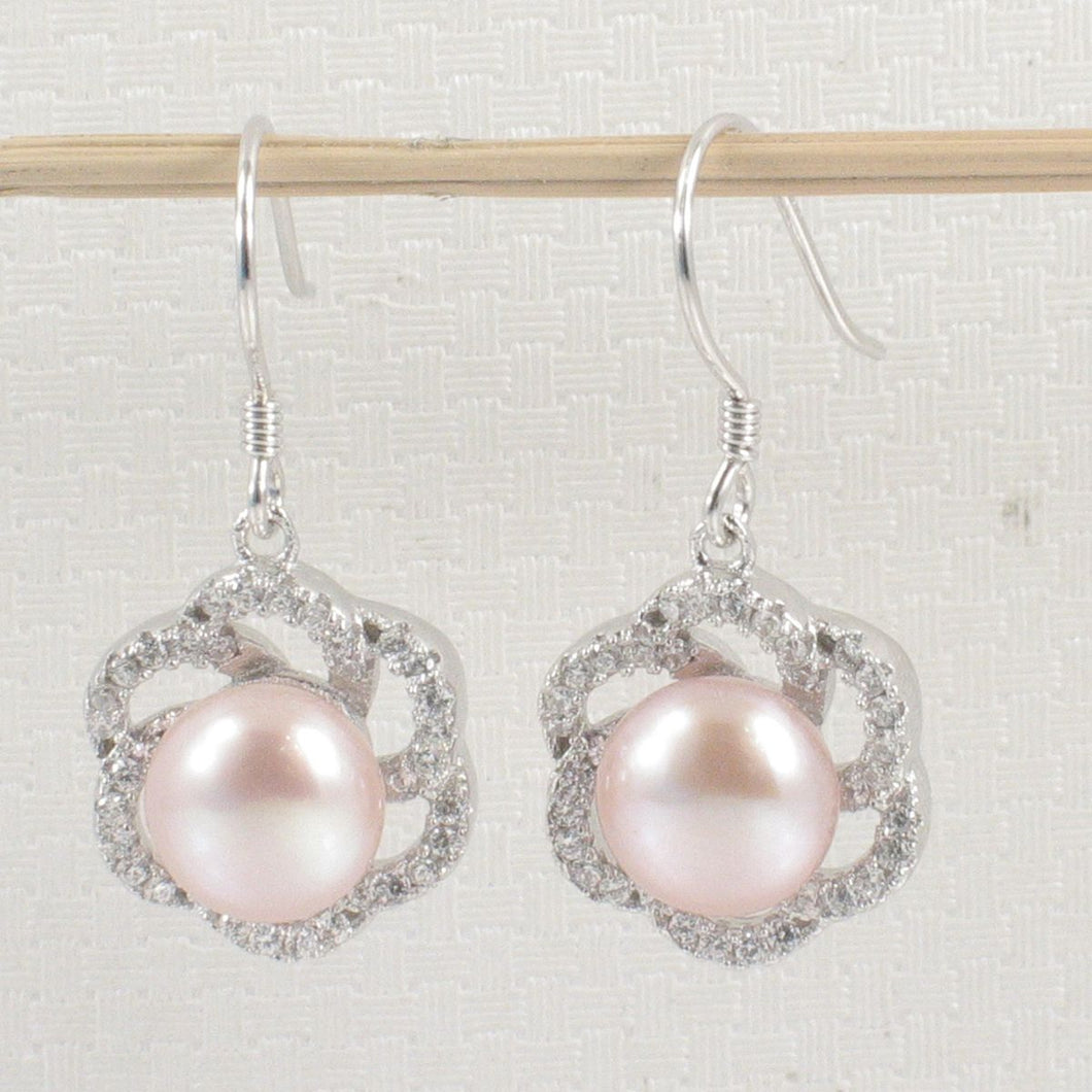 Sterling Silver Pink Pearl 72 CZ Hook Earrings