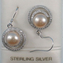 Load image into Gallery viewer, Sterling Silver Pink Pearl 48 CZ Hook Earrings