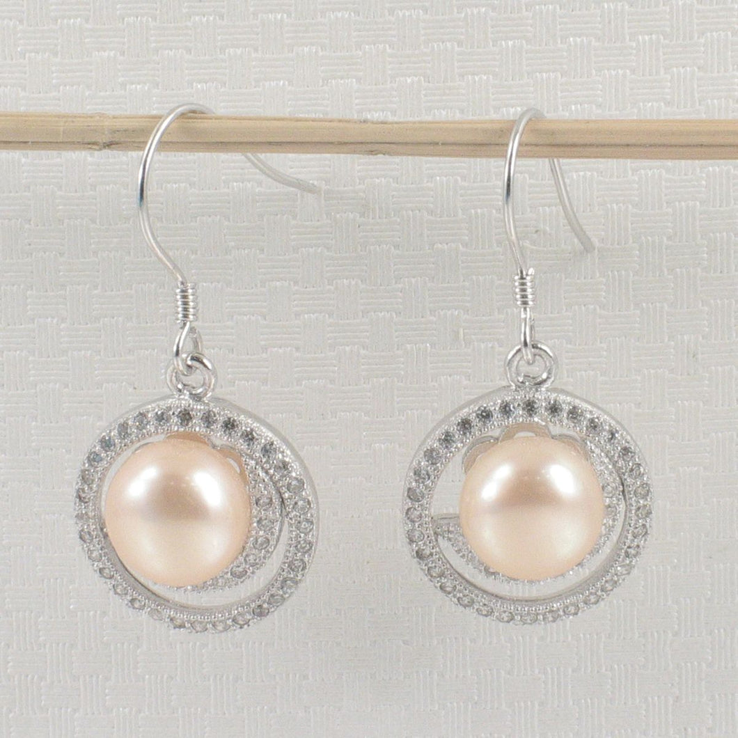 Sterling Silver Pink Pearl 48 CZ Hook Earrings