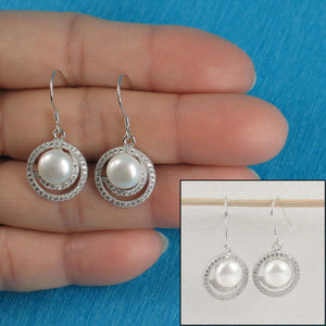 Sterling Silver White Pearl 48 CZ Hook Earrings