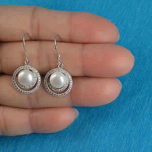 Sterling Silver White Pearl 48 CZ Hook Earrings