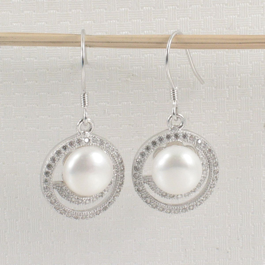 Sterling Silver White Pearl 48 CZ Hook Earrings