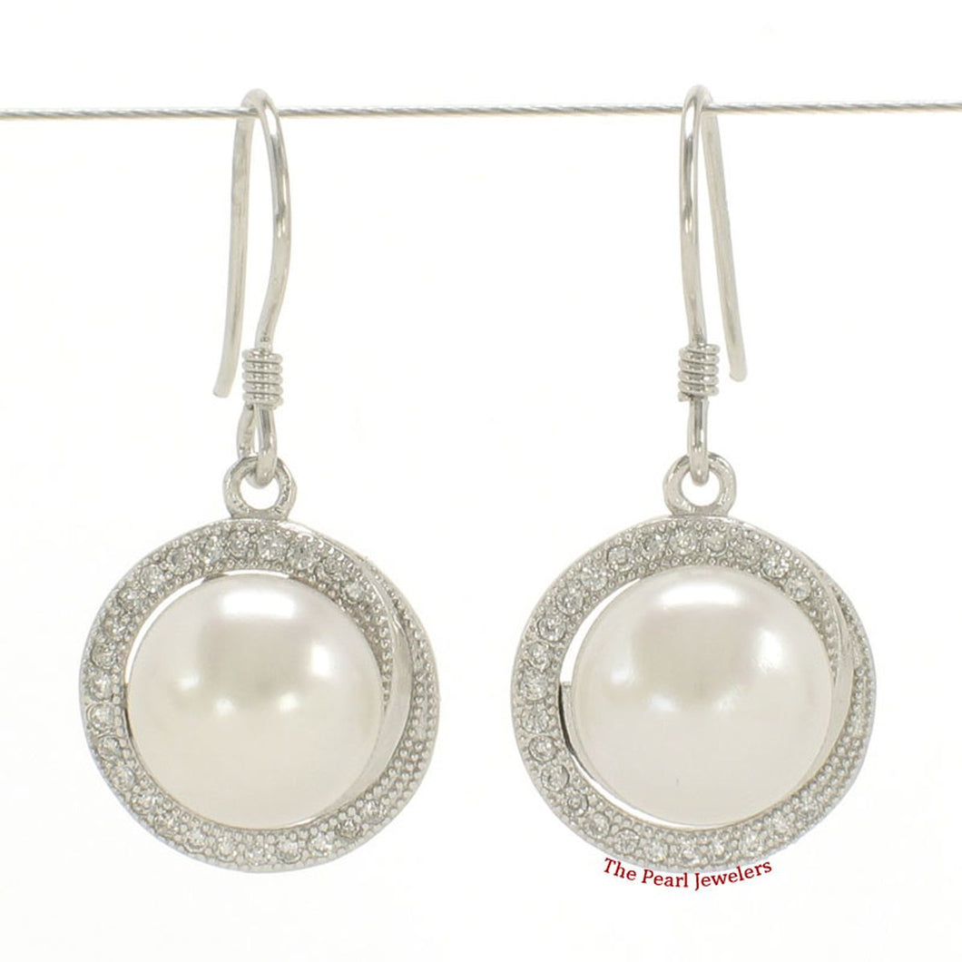Sterling Silver White Pearl 48 CZ Hook Earrings