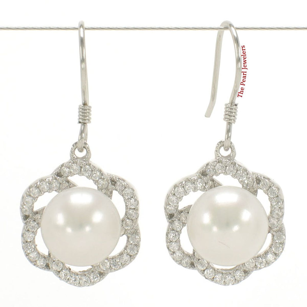 Sterling Silver White Pearl 72 CZ Hook Earrings