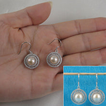 Load image into Gallery viewer, Sterling Silver Peach Pearl CZ Double Circle Hook Earrings