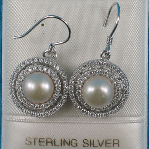 Sterling Silver Peach Pearl CZ Double Circle Hook Earrings